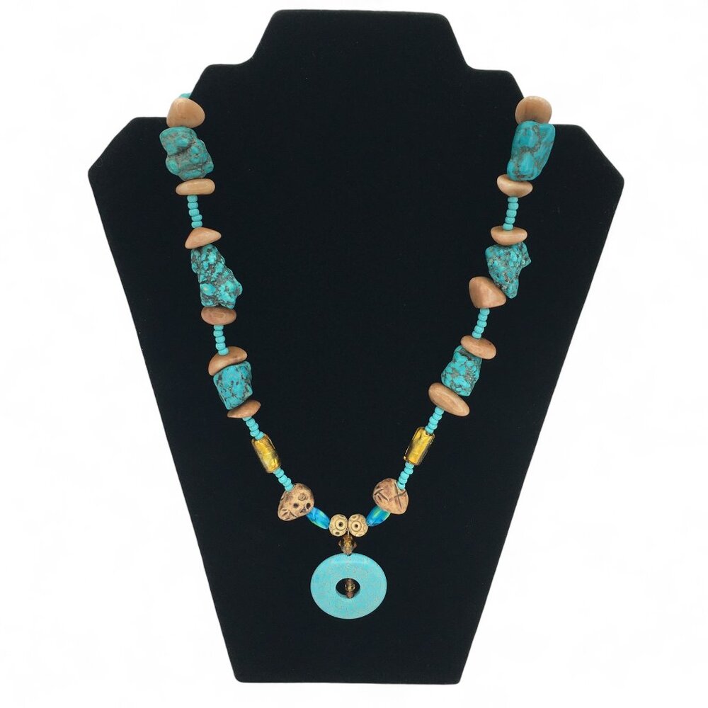 Chunky Turquoise and Donut Pendant Necklace Agates Glass Stone Beads Vintage